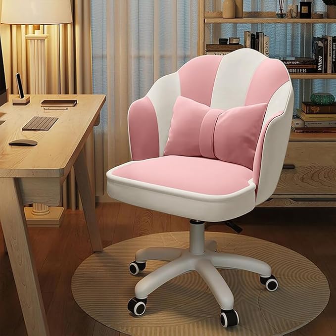 Petal Desk Chair with Bow Cushion Velvet Vanity Chair with Wheels, Upholstered Home Office Chair for Girls Women, Mid-Back Swivel Computer Task Chairs for Living Room Bedroom