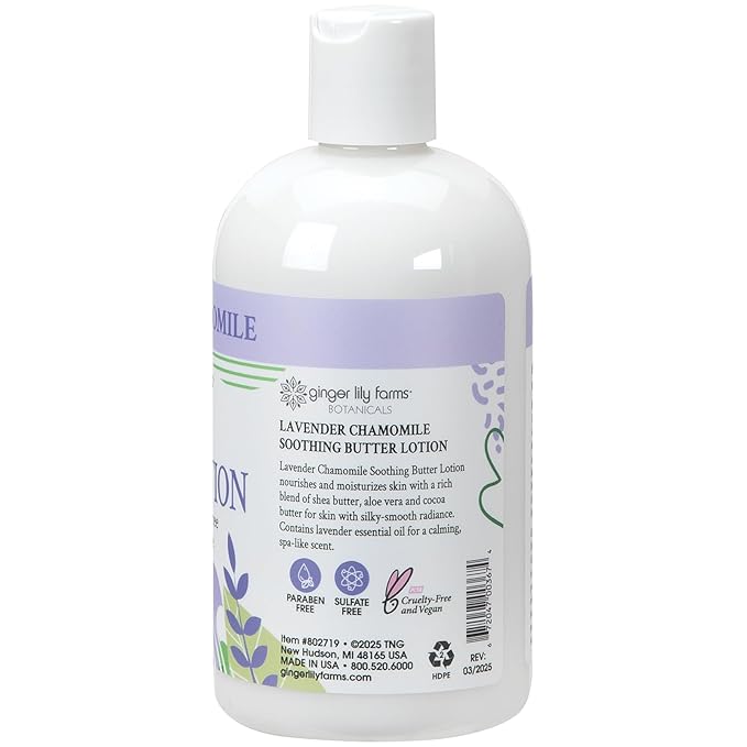 Ginger Lily Farms Botanicals Soothing Butter Lotion for Dry Skin, 100% Vegan & Cruelty-Free, Lavender Chamomile Scent, 12 Fl Oz (Pack of 6)