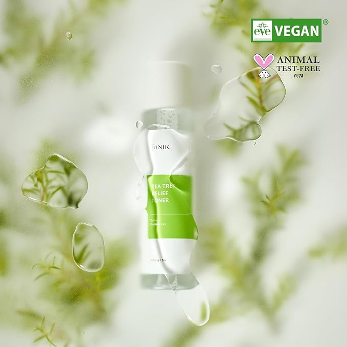 IUNIK Tea Tree Relief Vegan Face Toner - Facial Moisturizer Acne-Prone Irritated Skin w Tea Tree 67% Centella Asiatica 19.5% 6.7 Fl OZ Sensitive Skin Breakout Rosacea Blemish Plant-Based Ingredients