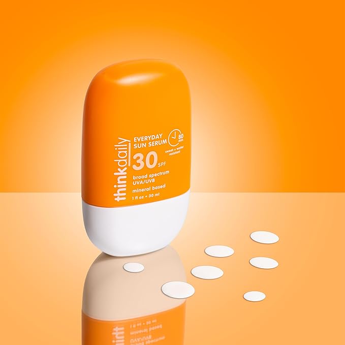 Thinkdaily SPF 30 Sunscreen for Face, Everyday Sun Serum, 1 Fl Oz – Zinc Oxide Mineral Sunscreen, UVA/UVB Protection, Hydrating Jojoba Oil, Vitamin E & Aloe Vera, Non-Sticky, Travel Size