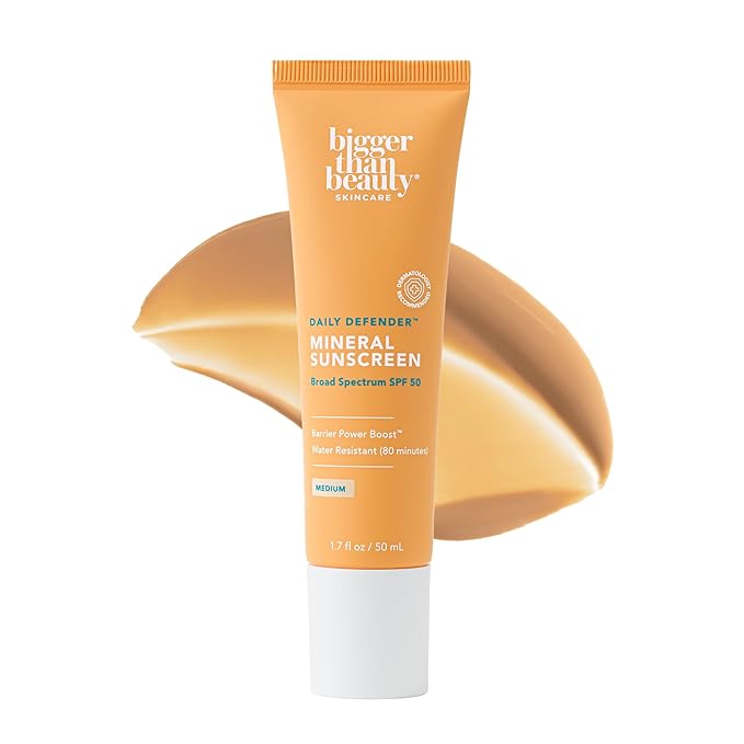 Daily Defender Broad Spectrum SPF 50 Mineral Sunscreen with Hyaluronic Acid, Vitamin C & Niacinamide (as Vitamin B3), Lightweight UVA & UVB Protection, Skin Care, Medium