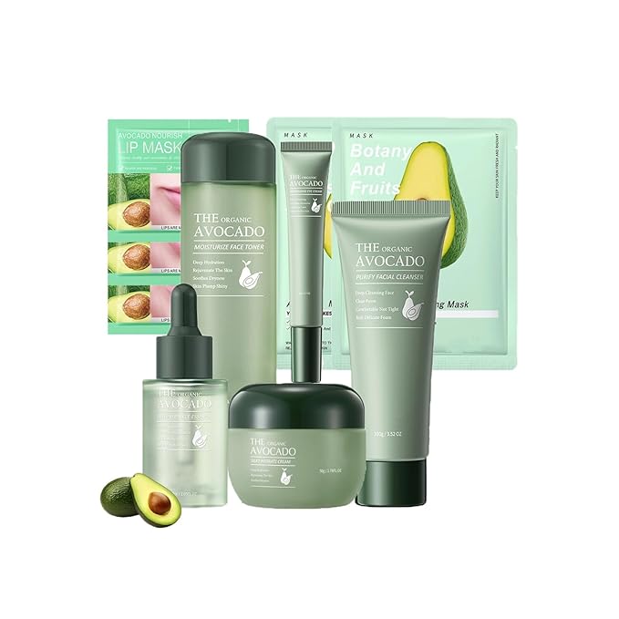 Avocado Skin Care Set, 10 Pcs Skincare Gift Set For Teen Girls & Women, Moisturizing & Revitalizing Facial Skin Care Kit with Cleanser, Toner, Serum, Eye Cream, Cream, Lip Mask & Face Mask
