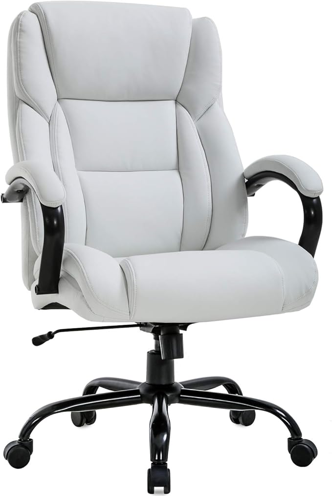 Office Chair 500lbs Wide Seat Ergonomic Desk Chair PU Leather Computer Chair Task High Back Executive Chair with Lumbar Support Armrest Adjustable Chair for Heavy People, White
