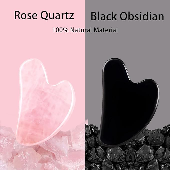 Gua Sha Facial Tools 2 Pack, Natural Jade Guasha Tool for Face,Double Chin & Jawline, Gua Sha Stone Self-Skin Care Face Stone Gua Sha tools for Women Guasha Stone, Black and Pink
