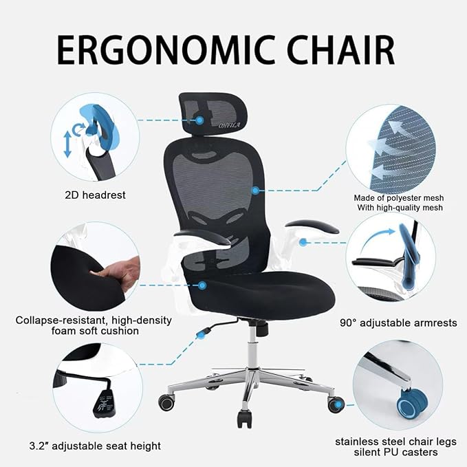 Office Chair, Ergonomic Breathable Mesh Chair,Flip-Up Arms and Adjustable High Back Lumbar Support,Comfy Computer Chair for Home Office (Black/White, 407)