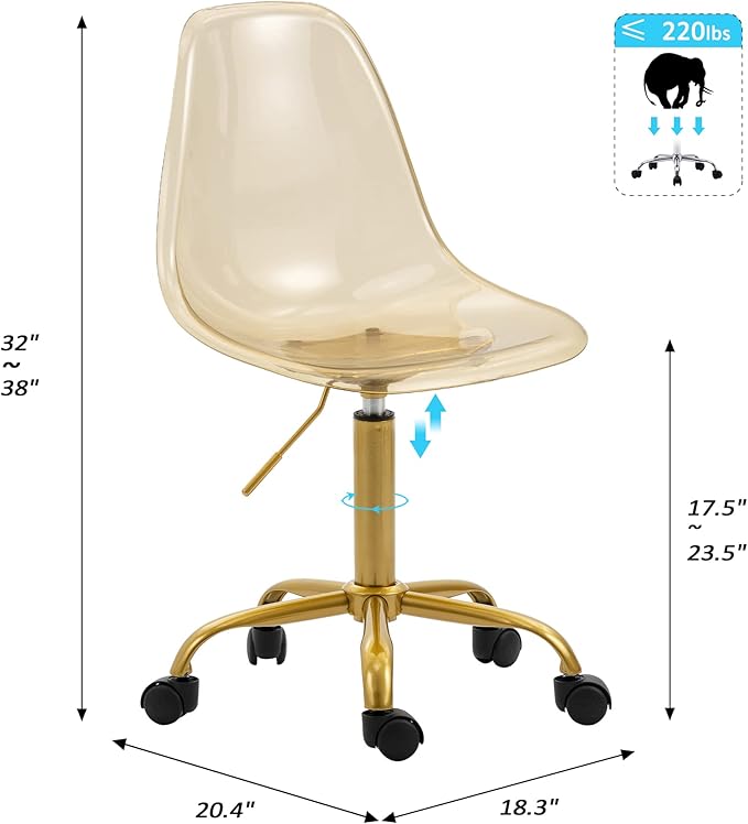 HOMEFUN Clear Rolling Chair, Armless Acrylic Desk Chair with Golden Feet Swivel Molded Plastic Shell Adjustable Home Office with Wheels