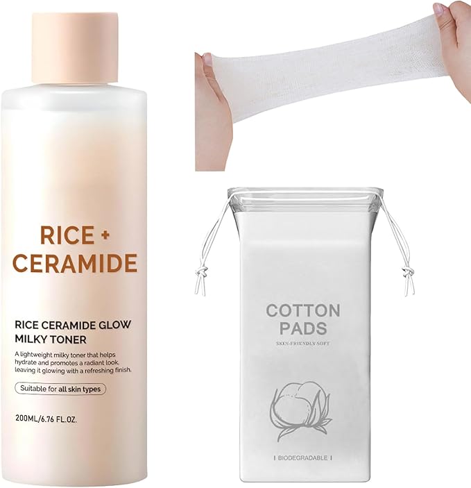 Rice Glow Milky Toner for Face - Hydrating Facial Toner with Ceramide & Niacinamide, Strengthens Skin Barrier (200ml) + 100-Count Fluorescent-Free Stretchable Cotton Pads