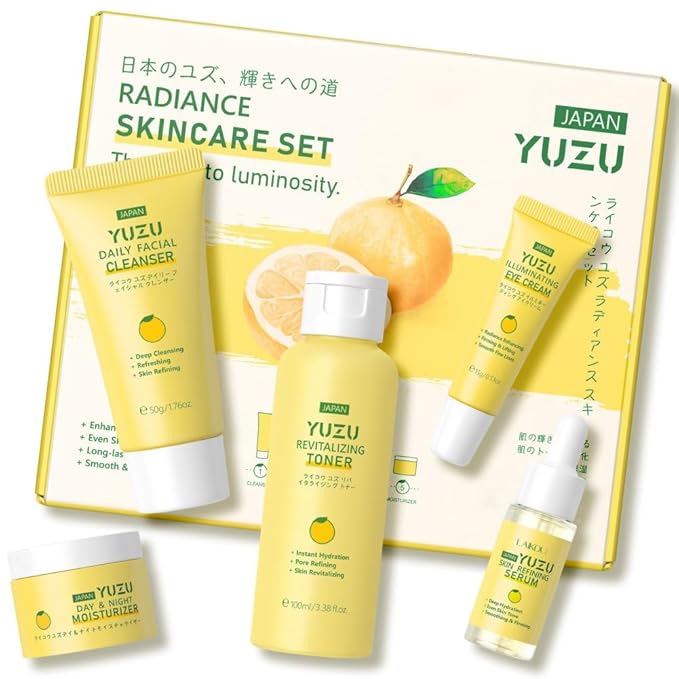 Yuzu Skin Care Set, 5 Pcs Yuzu kin Care Kit with Face Wash, Toner, Serum, Eye Cream and Face Moisturizer Cream, Hydrating and Smooth Skin, Travel Size Skincare Set for Women Girls