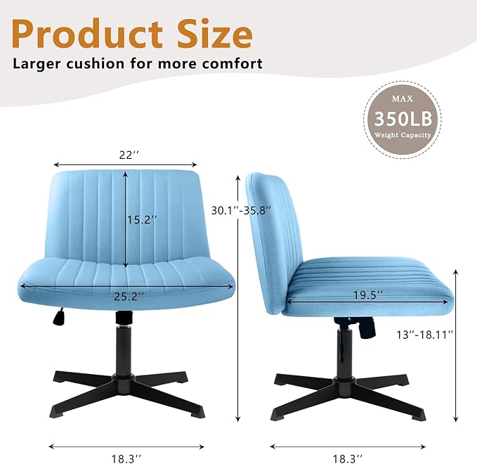 Criss Cross Chair, Armless Cross Legged Office Vanity Chair, Comfortable Fabric Wide Swivel Criss Cross Desk Chair for Home Office, Height Adjustable Vanity Criss Cross Chair with Back, Blue