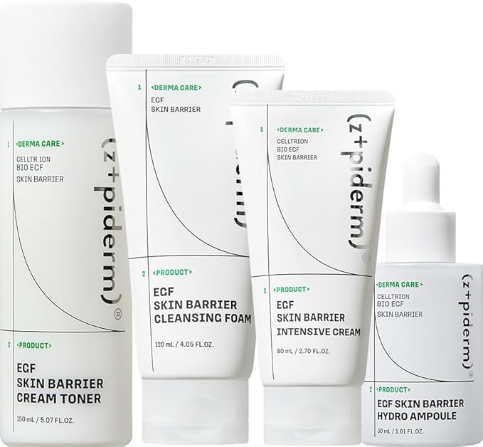 Zipiderm EGF Skin Barrier Intensive Hydration Set – Cleansing Foam + Cream Toner + Hydro Ampoule + Intensive Cream, Korean 4-Step Deep Hydration & Barrier-Repair Routine for Dry & Sensitive Skin