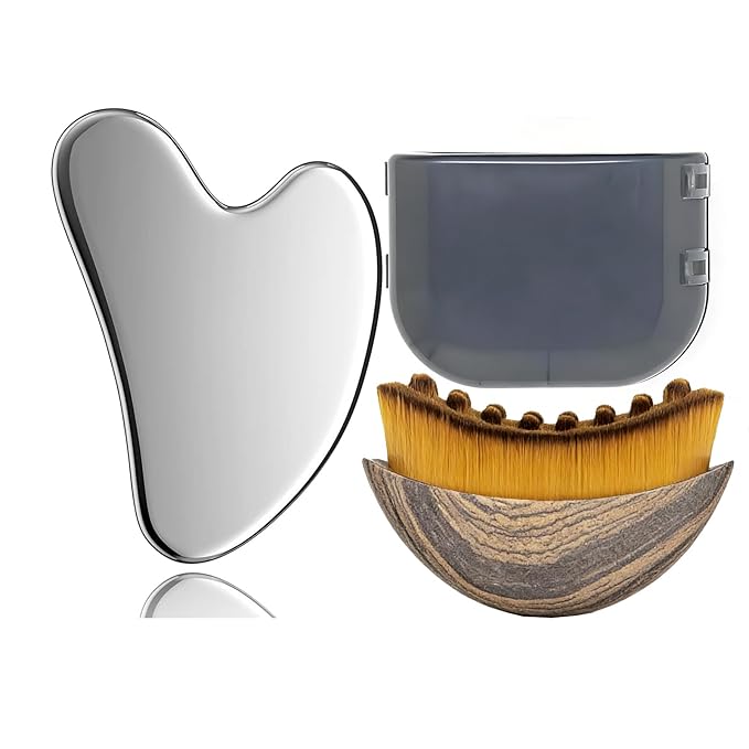 Stainless Steel Gua Sha Tool & Lymphatic Drainage Face Brush Set, Facial Massage Kit for Jawline Sculpting Puffiness Lifting Relaxation, Contour Face Brush with Storage Case for Women EDCBMB