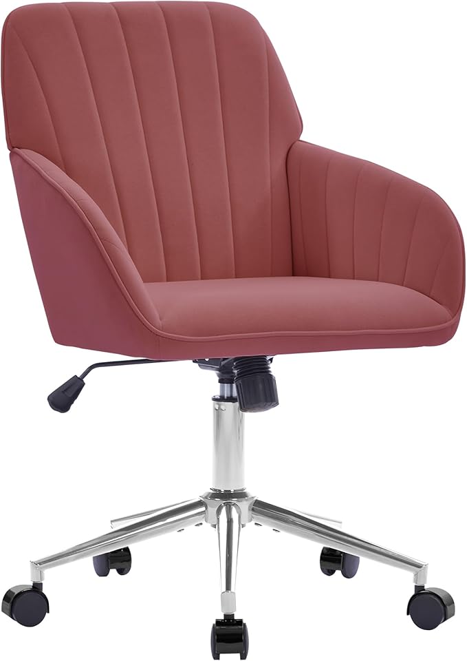 Velvet Home Office Desk Chair, Modern Cute Computer Task Chair with Back, Height Adjustable Upholstered Vanity Chair with Swivel Wheels for Women, Girls (Silver Base, Rose