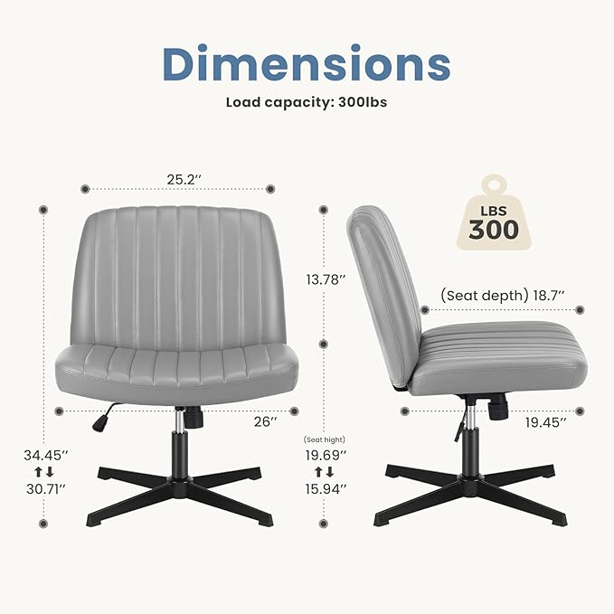 DUMOS Desk Chair No Wheels, Criss Cross Chair Wide Cross Legged Office Desk Vanity Chair, PU Leather Armless Adjustable Swivel Chairs for Home Computer Task,Grey-pu