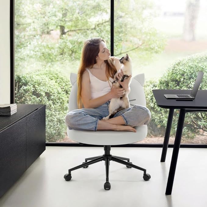 IWMH Armless Office Desk Chair with Wheels,Ergonomic Criss Cross Legged Computer Chair with Fabric Padded, Height Adjustable Wide Seat Vanity Chair,Mid Back Task Chair for Home (White cat)