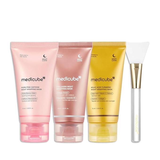 medicube Korean Overnight Glow Mask Trio: PDRN Caffeine & Collagen & Kojic Acid Turmeric 2.0 Overnight Wrapping Peel Off Facial Mask and Jelly Brush