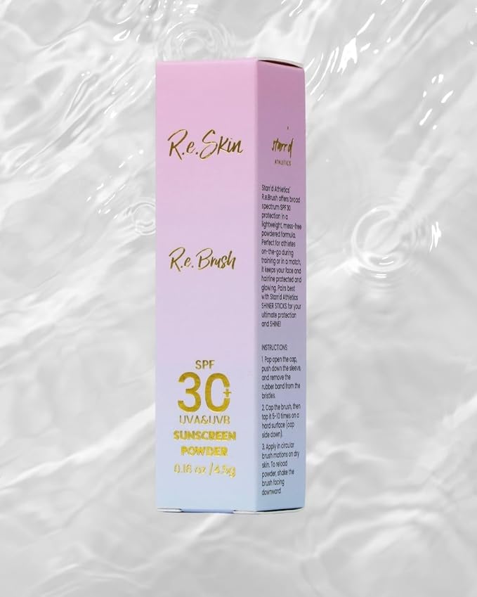 Starr'd Athletics R.e.Brush SPF30 Sunscreen Powder, UVA/UVB Protection, Moisturizing with Jojoba Oil and Chamomile, Water Resistant, Travel Size, Gentle Brush for Face and Hairline Application