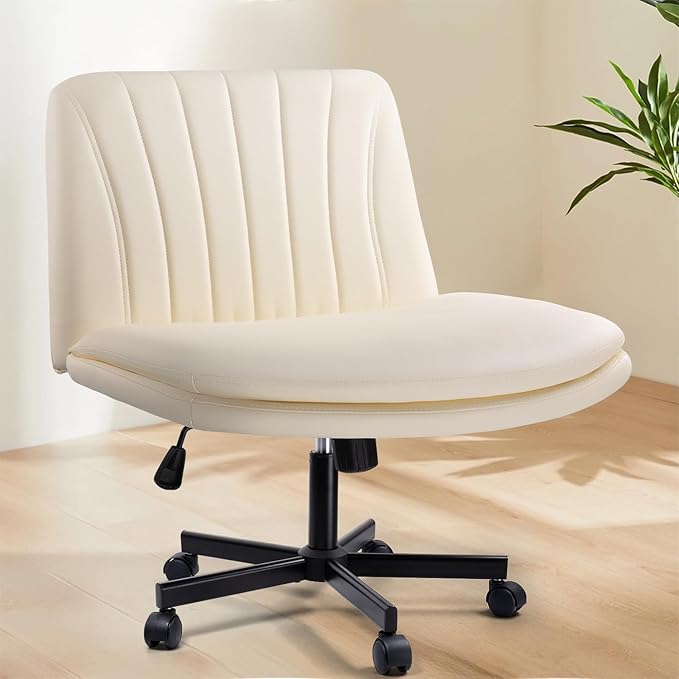 Criss Cross Chair with Wheels, Cross Legged Office Vanity Chair with Wheels, Comfortable Beige Vanity Stool with Back, PU Leather Armless Wide Swivel Criss Cross Desk Chair for Home Office