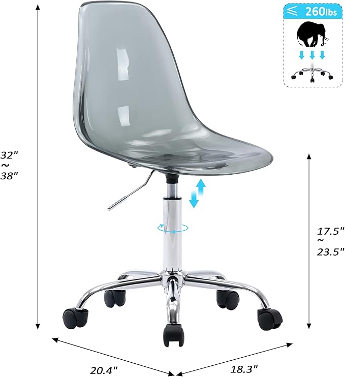 HOMEFUN Clear Desk Chair, Acrylic Rolling Armless Vanity Swivel Height Adjustable Ghost Molded Plastic Home Office Chairs with Wheels, Black