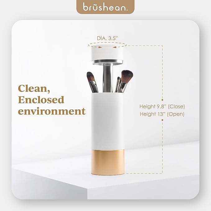 UVC Sanitizer with Ozone, Makeup Brush Holder, One Touch for Open, Dustproof Make Up Supplies Organized Storage, Stylish and Durable Design (Standard, White/Rose Gold)