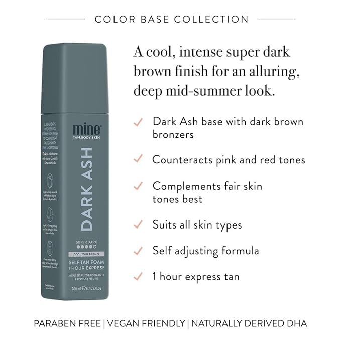 Minetan Dark Ash Self Tanning Foam | Color Base Tan Collection - Ultra Deep Brown Bronze Glow, 1 Hour Instant Express, Face & Body Fake Sunless Tanner Mousse, For Fair & Pink Undertones, 6.7 Fl Oz