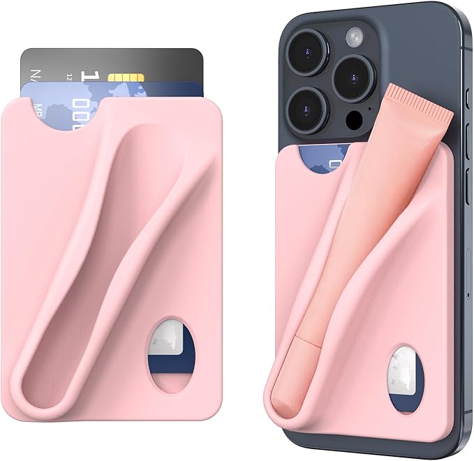 DOB SECHS Silicone Lip Holder with Card Holder Compatible with Lipstick Lip Glaze Phone Case Back Stick On Holder for iPhone and Android Smartphones （Pink, Small）