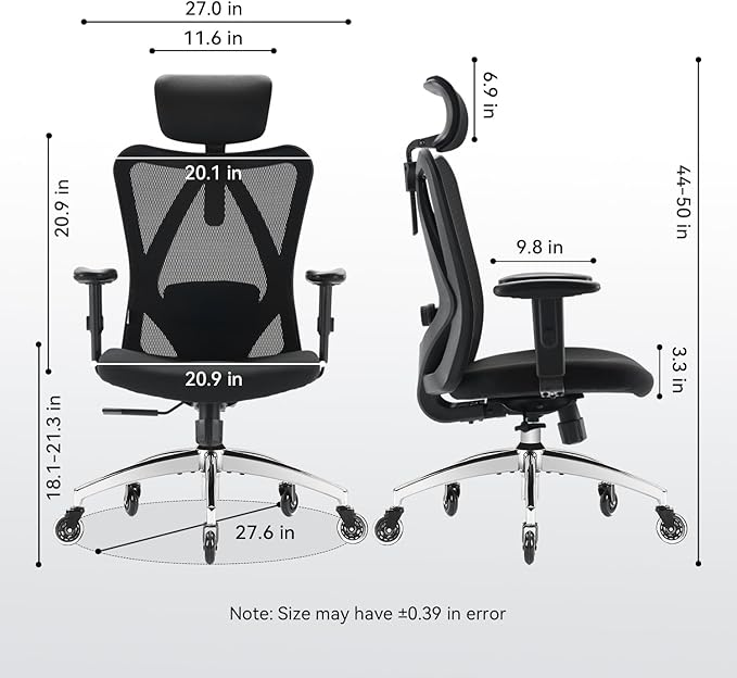 Ergonomic Office Chair, Mesh Computer Desk Chair with Adjustable Sponge Lumbar Support, Thick Cushion, PU Armrest and Headrest, High Back Swivel Home Office Task Chair for Work (Black)…