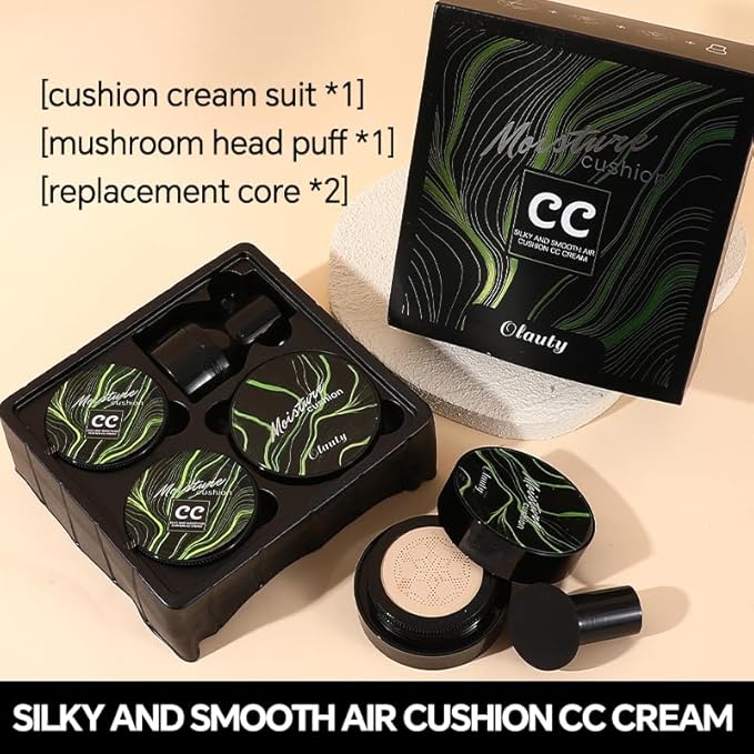 Moisture Cushion CC Cream Foundation for Mature Skin - Flawless Concealer BB Cream with Mushroom Sponge, Long-Lasting Waterproof Air Cushion, Natural (02# – Refill Kit (1 Full + 2 Refills))