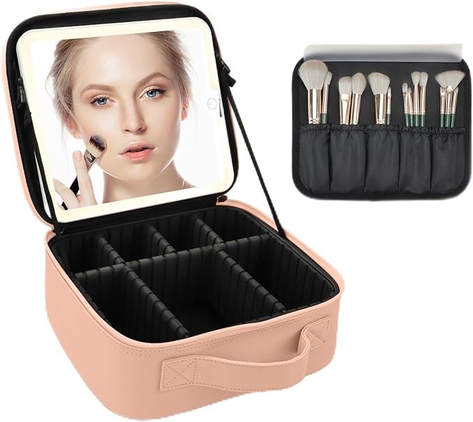 Makeup Bag with Led Mirror,Large Vanity Makeup Cases with 3 Color Setting,Portable Storage and Adjustable Dividers,for Women and Makeup Artists Cosmetic Organizer Travel Makeup Bag-Khaki
