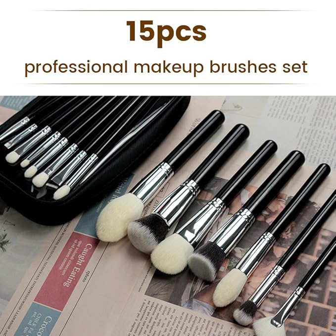 Professional Natural Travel Goat Hair Makeup Brushes with case, 15Pcs Kabuki Face Powder & Eye Makeup Brush set With Ultra Soft Premium Dense Hair, Valentines Day Gifts (Black)