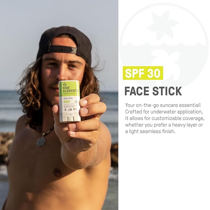 Raw Elements Face All-Natural Mineral Sunscreen Stick, Non-Nano Zinc Oxide, 95% Organic, Water-Resistant 80 Min, Reef Safe, All Ages Safe, SPF 30+, Travel Sunblock 0.5 oz 2PK