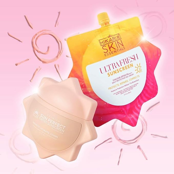 HikariSkinEssentials Ultrafresh and Sun Perfect Sunscreen Set, SPF 50 PA+++, Daily Protection Gel-Cream, Tinted Formula