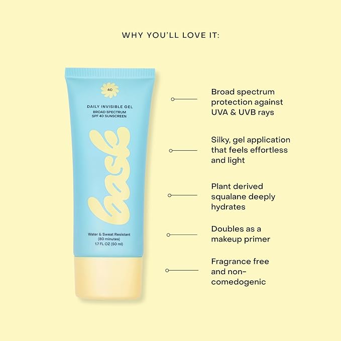 Bask Suncare SPF 40 Daily Invisible Gel Face Sunscreen - Broad Spectrum Protection, Fragrance Free, Makeup Primer, Hydrating, Clear, Lightweight & Non-Greasy, Dermatologist Recommended, 1.7 fl oz