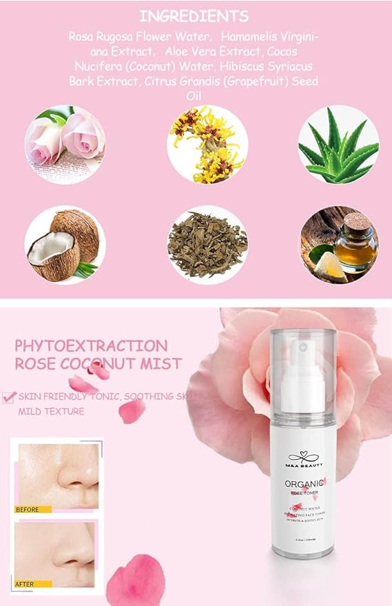 M&A Beauty Organic Rose Water/Toner 100ml - face Mist Soothing and Hydrating and Reduces Redness