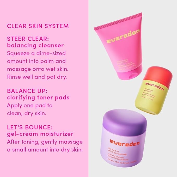 Evereden Pre-Teen Collection: Triple Green Tea Steer Clear Balancing Jelly Cleanser Pre Teen Face Wash, Let's Bounce Gel-Cream Face Moisturizer, & Balance Up Water-Based Toner Pads for Face