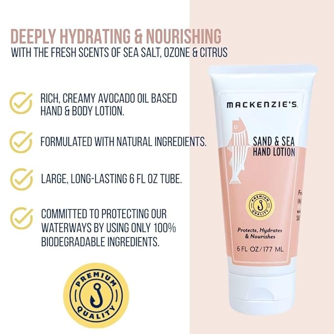 MACKENZIE'S Sand & Sea Lotion 6 oz - Gifts for Fishermen - Gifts for Men - Gifts for Women - Natural - Moisturizing - Hand Lotion - Body Lotion