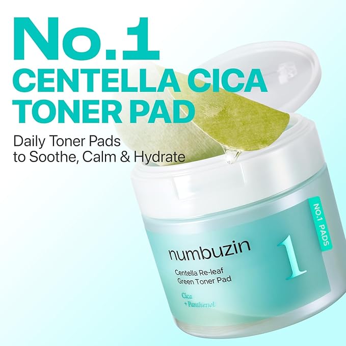 numbuzin No.1 Toner Pads | Centella Re-Leaf Green Toner Pad | Double-Sided | Centella Asiatica, Heartleaf, Licorice Root | Calming, Hydrating, Exfoliating | 70 Pads/6.42 fl. oz.