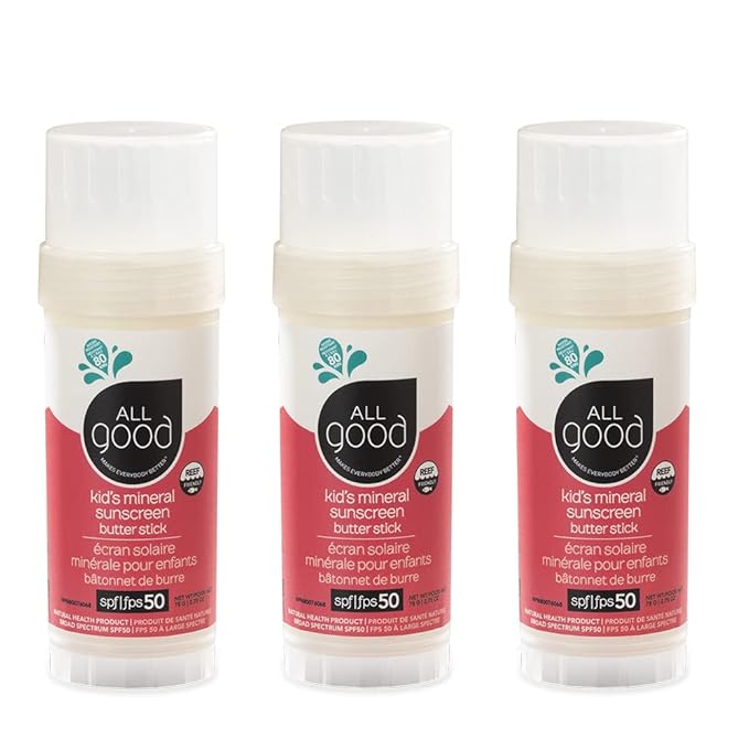 All Good Baby & Kids Mineral Sunscreen Butter Stick for Face, Nose, Ears - UVA/UVB Broad Spectrum SPF 50, Coral Reef Friendly, Water Resistant, Zinc Oxide, Coconut Oil, Vitamin E (2.75 oz)(3-Pack)