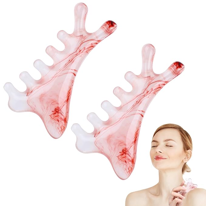 2 Pcs 4-in-1 Head Massage Comb, Gua Sha Facial Tools, Multi-Functional Manual Massage Tool for The Face, Eyes, Head and Neck, Relieve Fatigue and Relax The Body(Amber)