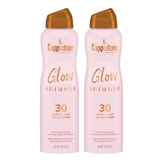 Coppertone Glow Shimmer Sunscreen Spray SPF 30, Water Resistant Broad Spectrum SPF 30 Spray Sunscreen, Free From Parabens, PABA, Phthalates, Octinoxate and Oxybenzone, 5 Oz Bottle, Pack of 2