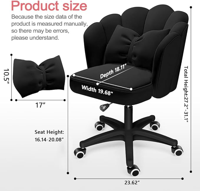 Petal Desk Chair with Bow Cushion Velvet Vanity Chair with Wheels, Upholstered Home Office Chair for Girls Women, Mid-Back Swivel Computer Task Chairs for Living Room Bedroom