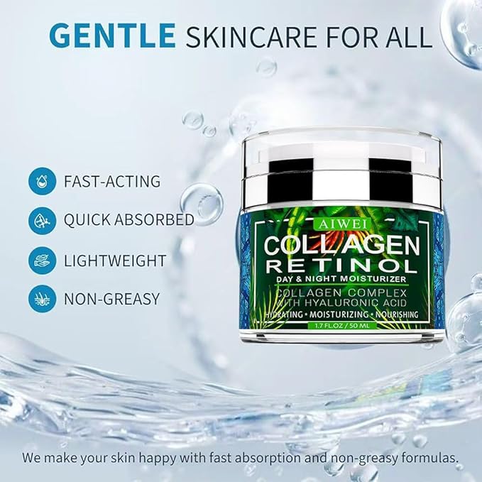 AIWEI Face Moisturizer Collagen Cream - Moisturizing, Hydrating & Recovery - Day Night Face Cream with Retinol and Hyaluronic Acid for Men & Women - 1.7 oz