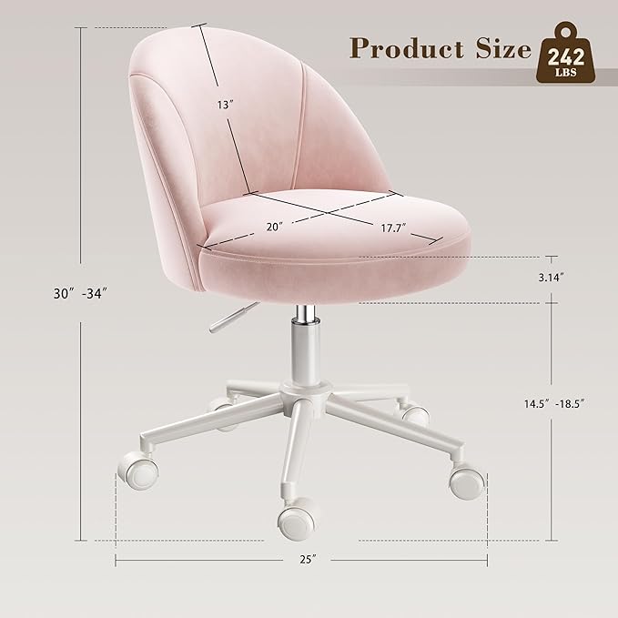 EnHomee Vanity Chair with Wheels, Pink Desk Chair with Back, Small Office Chair Armless for Makeup Room, Bedroom, Home Office