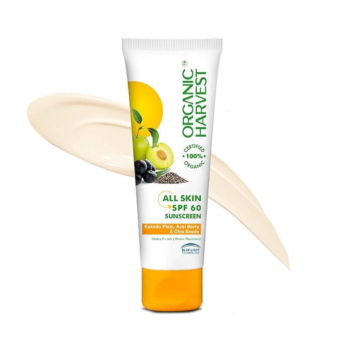 Organic Harvest Sunscreen SPF 60 For All Skin Type | For Women & Men with Blue Light Technology, Protects From Harmful UVA & UVB Rays | 100% American Certified Organic, Sulphate & Paraben Free - 100gm