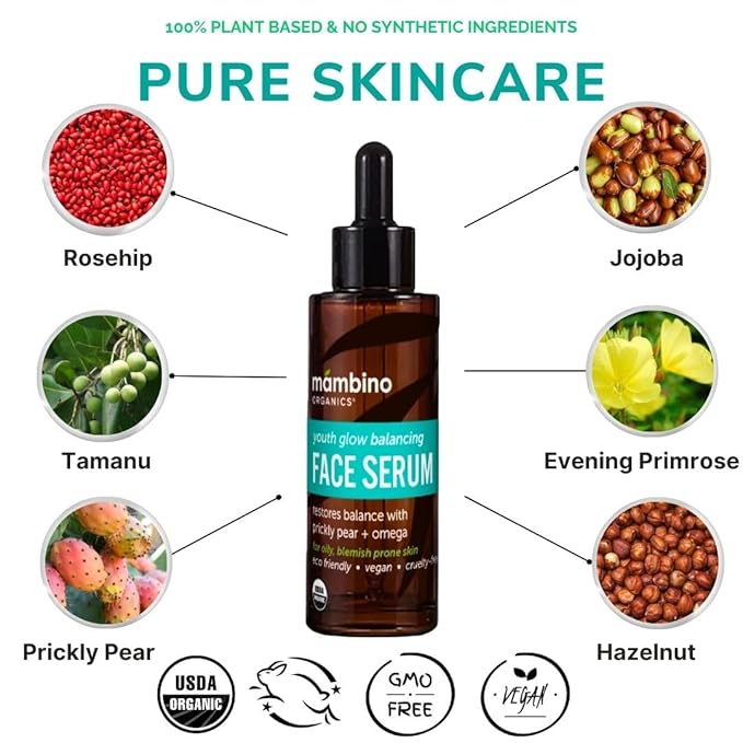 Mambino Organics Youth Glow Balancing Face Serum, Prickly Pear & Omega-Rich Oils, Lightweight Hydrating Serum for Oily & Blemish-Prone Skin, Cruelty-Free Skincare, 1 fl oz, 2-Pack