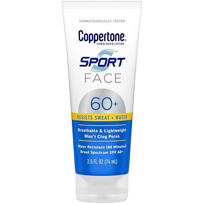 Coppertone Sport Face Sunscreen Lotion SPF 60+, Water Resistant Sunscreen with Broad Spectrum SPF 60+, Lightweight and Breathable, 2.5 Fl Oz Tube