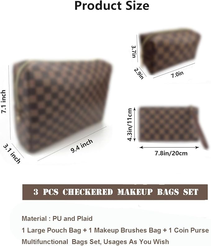 bopomofo Brown Checkered Cosmetic Bag 3 Pack,1 Big Pouch,1 Makeup Brushes Holder, 1 Coin Purse,Portable Travel Makeup Bag Set Lightweight and Waterproof Storage Bag Organizer (Brown Checkered 3 Pcs)