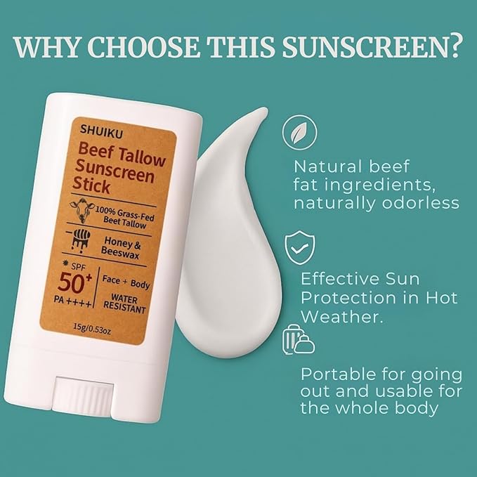 Beef Tallow Sunscreen Organic Stick SPF 50 – Non Nano Zinc Oxide Tallow-Based Mineral Sunscreen with Honey & Beeswax for Face & Body, Water-Resistant Natural Sunblock, 0.53 oz