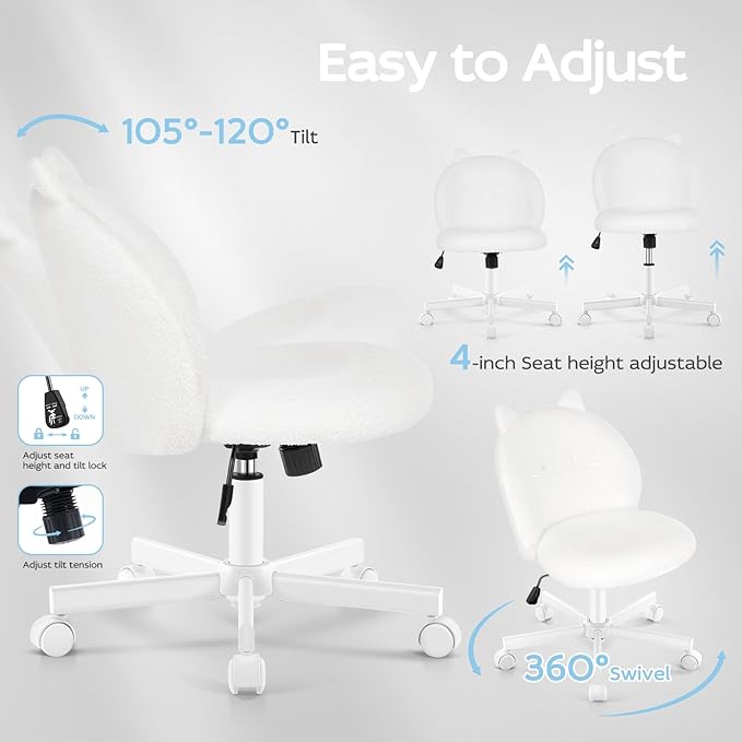 Vanity Chair with Cat Back,Armless Desk Chair Cute Small Office Chair,Teddy Fabric Computer Chair with Adjustable Height,120°Tilting,Rolling,Swivel for Vanity,Kids Room,Office,Bedroom White