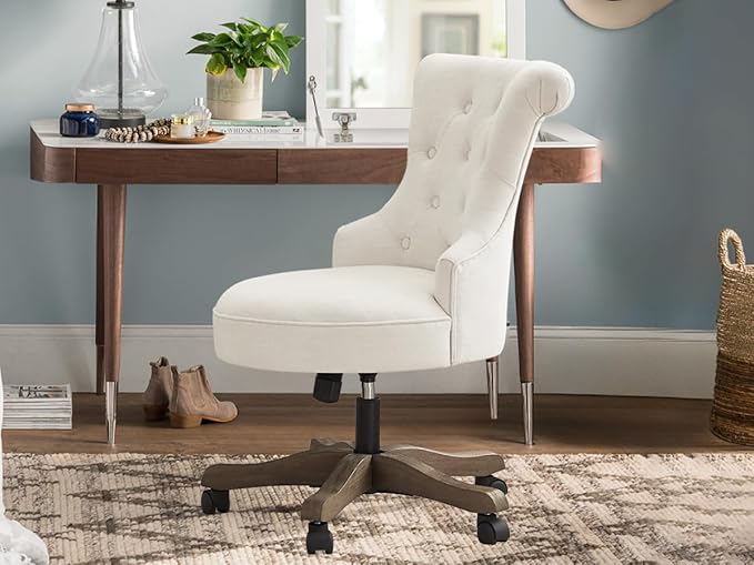 HUIMO Home Office Chair Upholstered Armless Desk Chairs with Wheels Adjustable Height Computer Desk Chair with Wooden Legs Linen Comfortable Swivel for Home Office Study Studio (Beige)