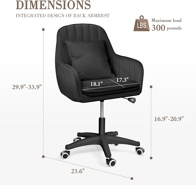 Mid Back Velvet Vanity Chair Swivel Rolling Desk Chair with Wheels, Modern Upholstered Makeup Chair for Women Girls, Computer Task Chair for Bedroom Living Room Office, Black